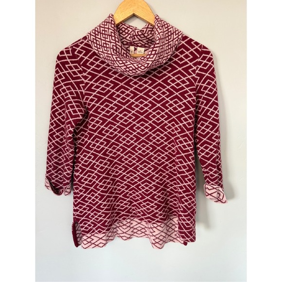 Moth Sweaters - Moth Cowl Neck Tunic Alpaca Sweater Geometric Print 3/4 Sleeve Burgundy Size XS‎